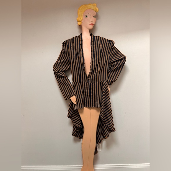 Striped Black & Brown Lace-Up Jacket Frock Coat L-XL - Picture 1 of 8